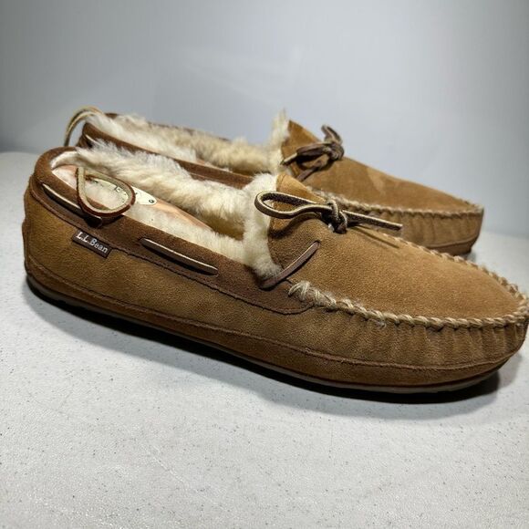 LL Bean Mens Brown Suede Wicked Good Shearling Lined Moccasin Slippers Size 13M - Picture 2 of 8